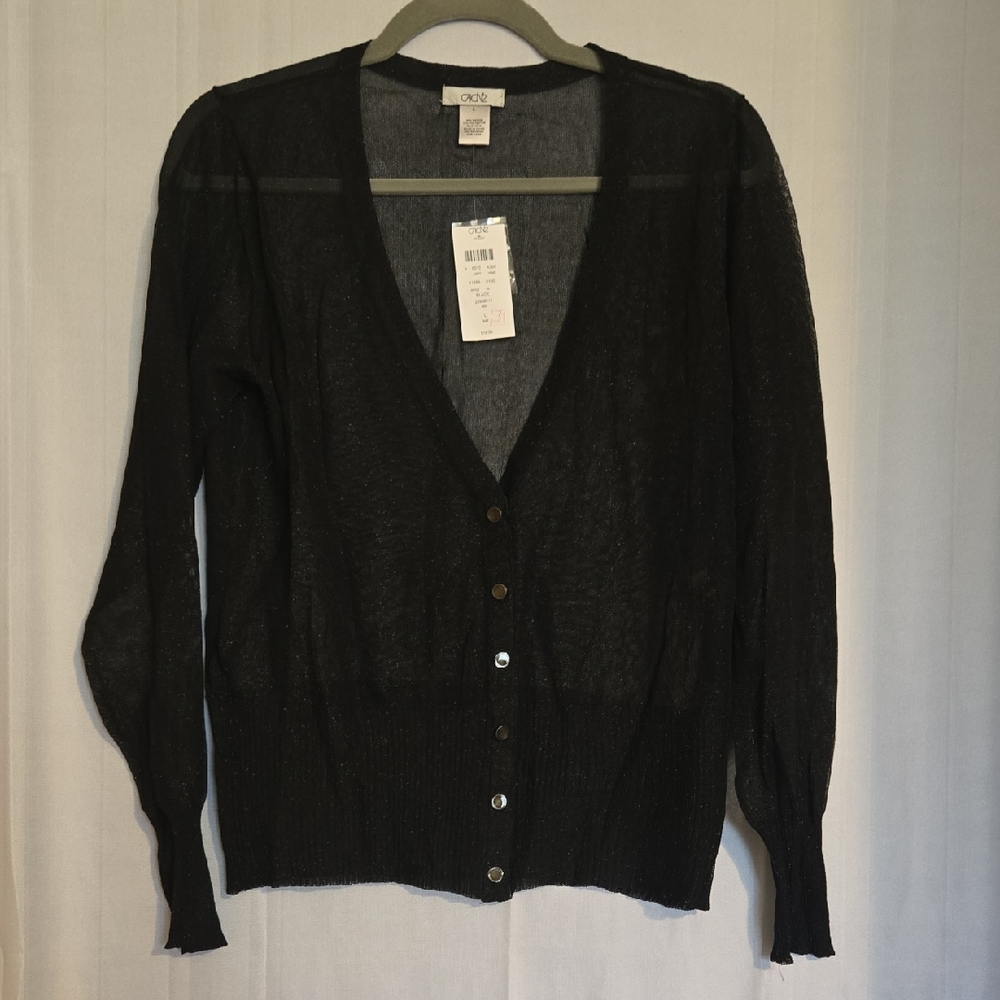 Cache Black Sheer Metallic V-Neck Button Cardigan Sz L NWT